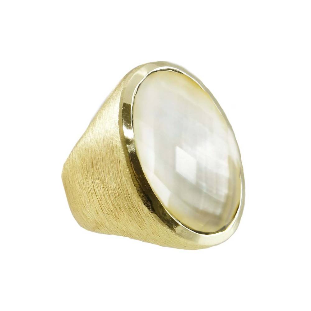 Gold Statement Ring with White Mother-of-Pearl Cabochon